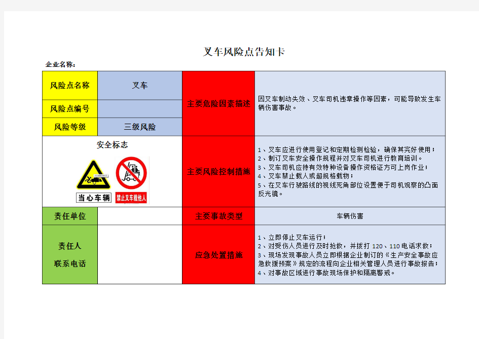 叉车风险点告知卡