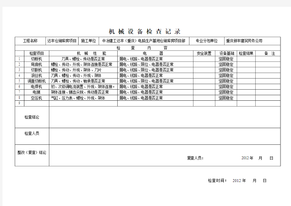 机 械 设 备 检 查 记 录 表