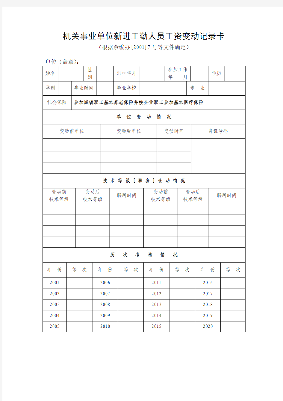 机关事业单位新进工勤人员工资变动记录卡