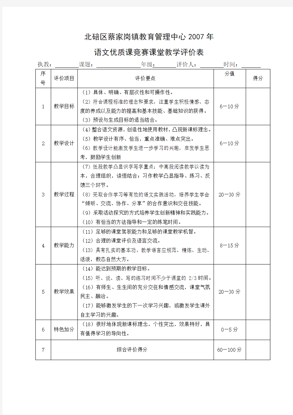 语文优质课课堂教学评价表