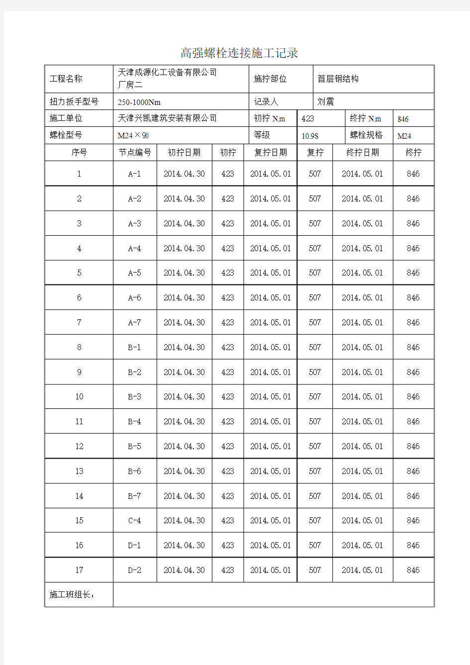 高强螺栓连接施工记录