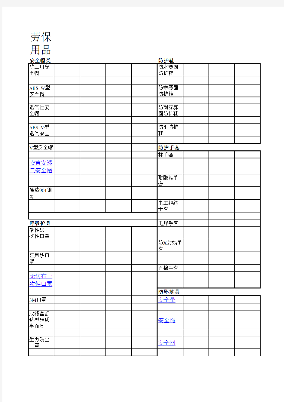 劳保用品报价清单