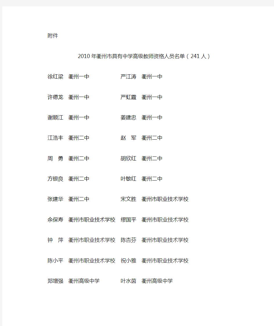 2010年衢州市具有中学高级教师资格人员名单(241人)