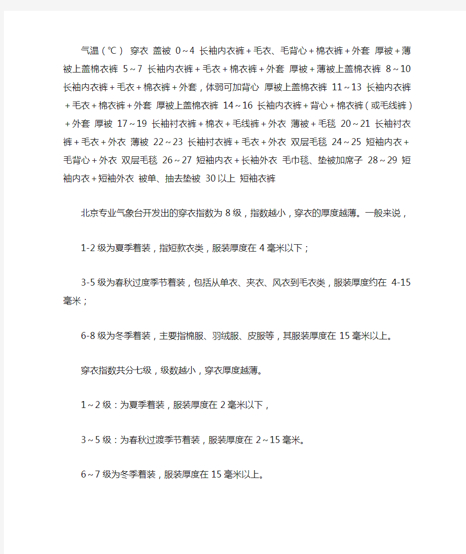 不同温度穿衣参考表