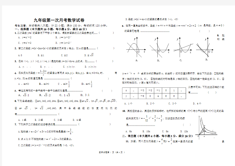 2014~2015年九年级第一次月考数学试卷及参考答案