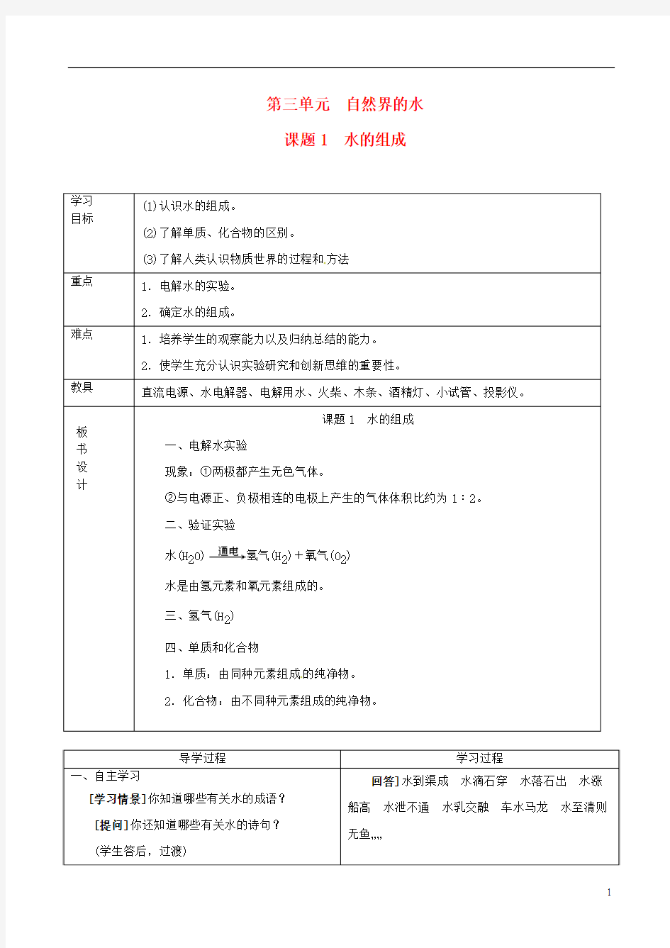 九年级化学上册 第三单元 自然界的水 课题1 水的组成学案(无答案) 新人教版