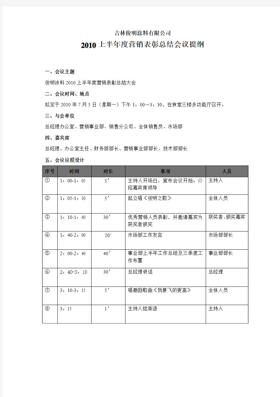 俊明涂料半年度营销表彰总结会议提纲