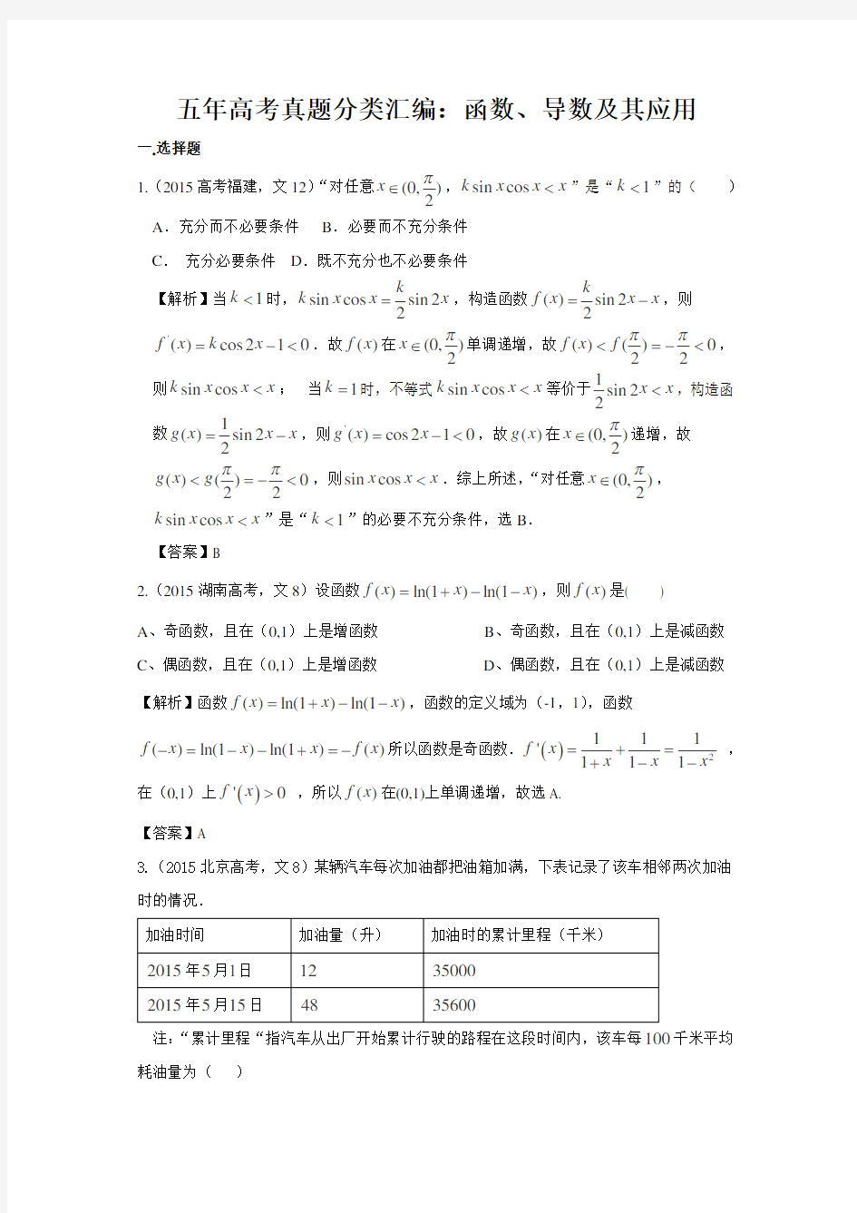 五年高考真题分类汇编：函数、导数及其应用