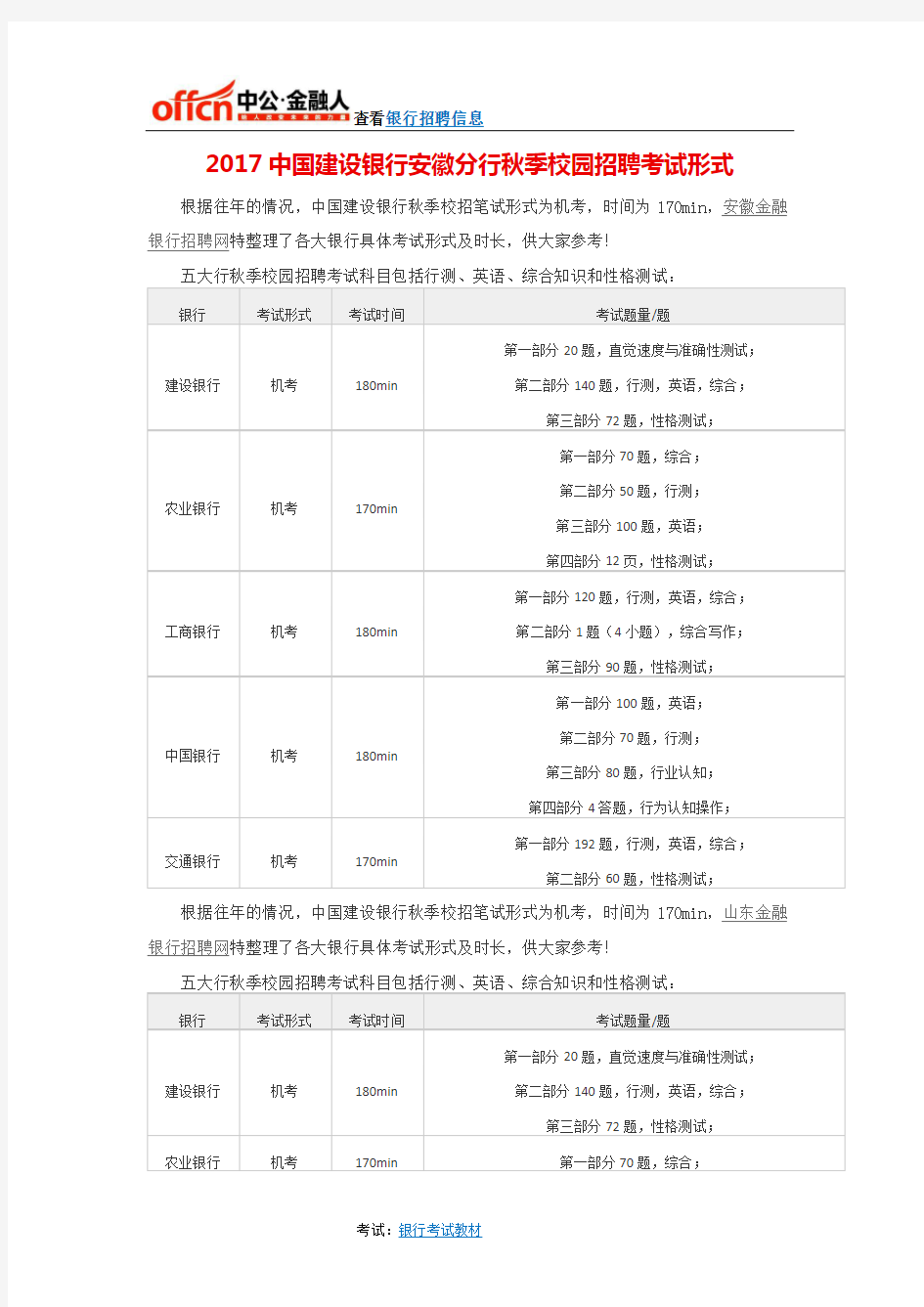2017中国建设银行安徽分行秋季校园招聘考试形式