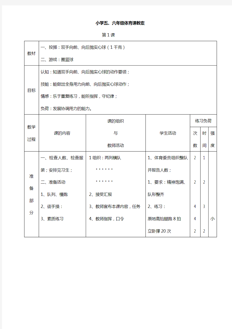 人教版小学五、六年级体育教案