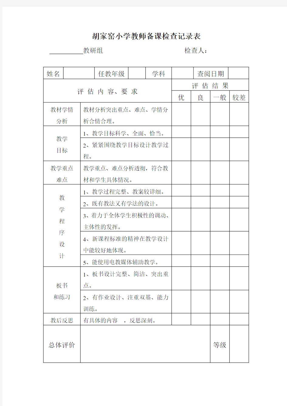 教师备课检查记录表