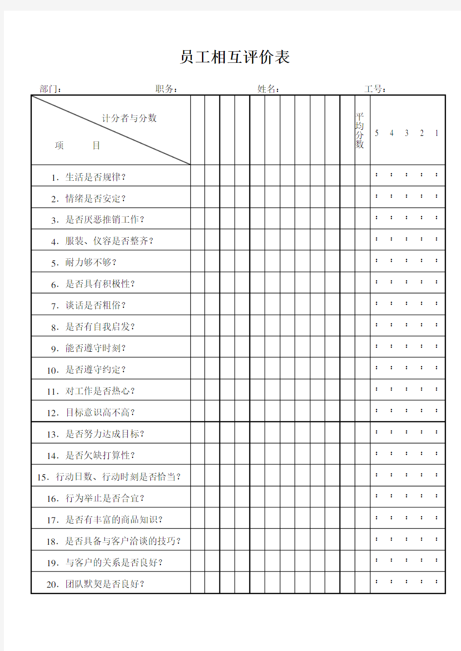 员工相互评价表