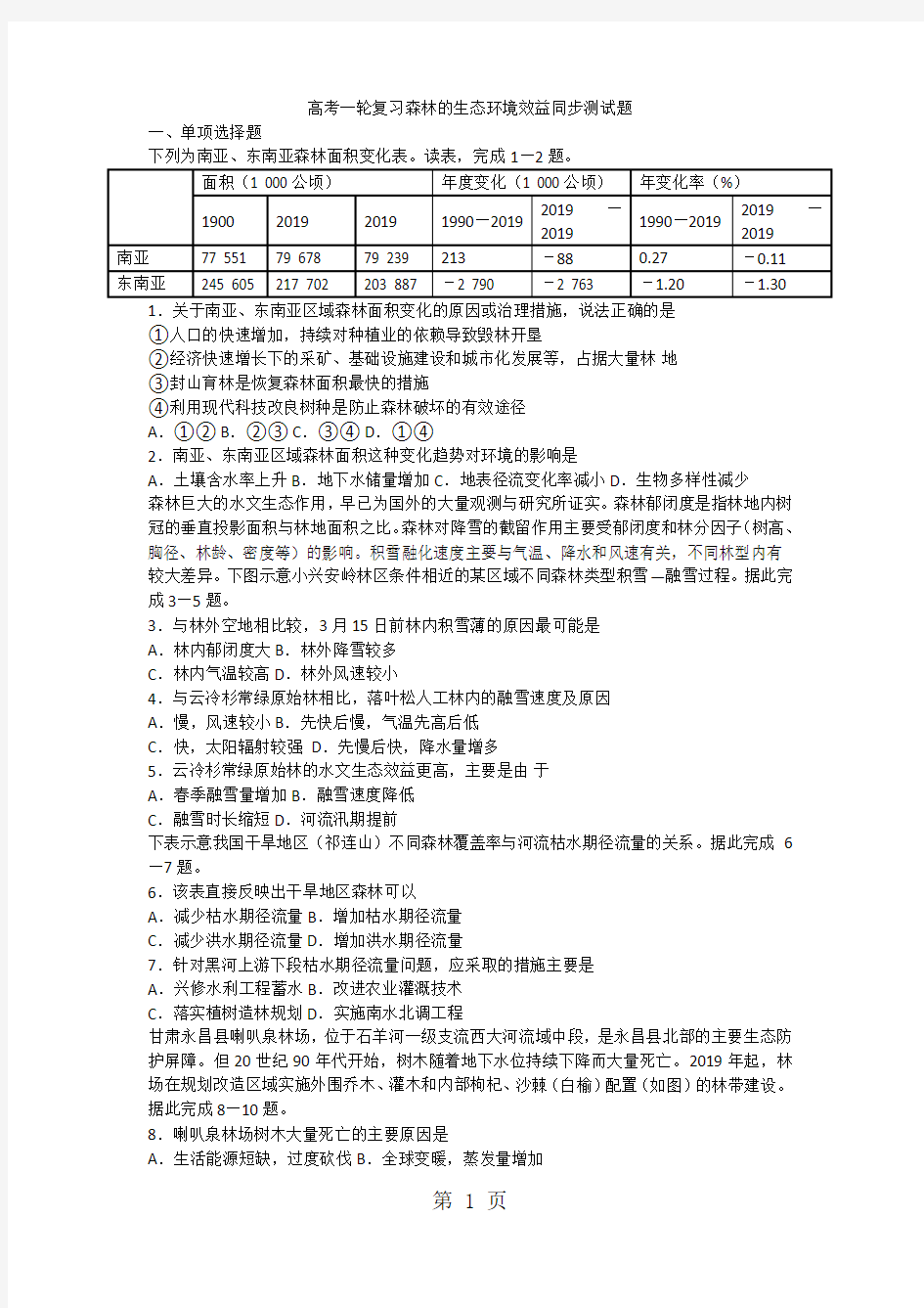 高考一轮复习森林的生态环境效益同步测试题