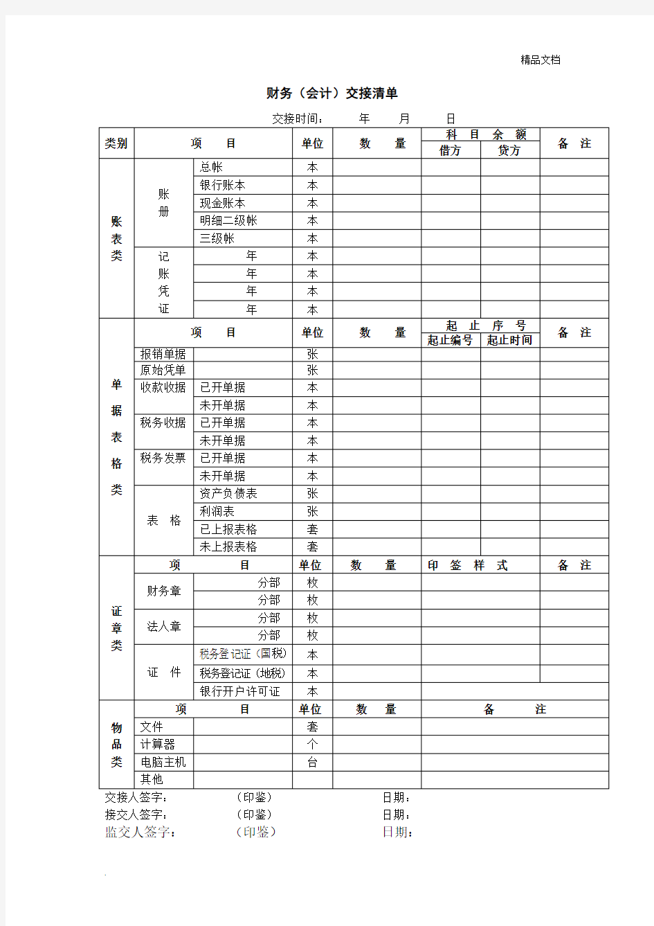 财务人员交接清单