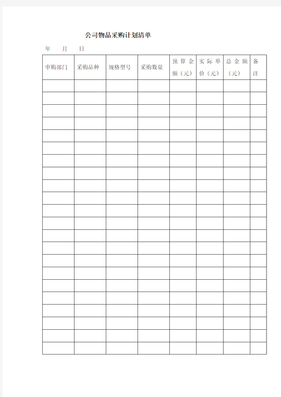 公司部门物品采购清单