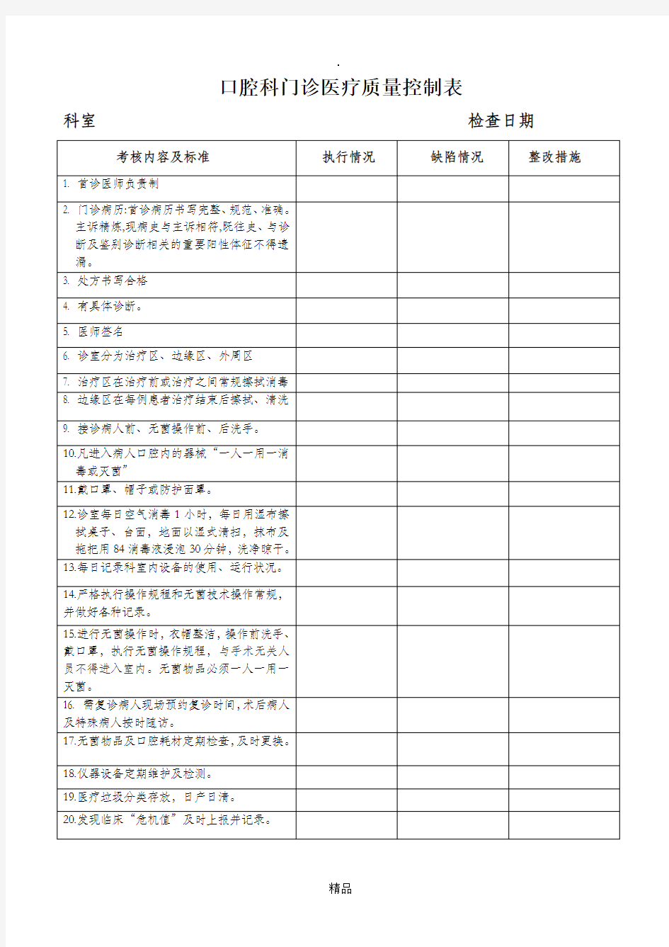 口腔科医疗质量控制表_门诊