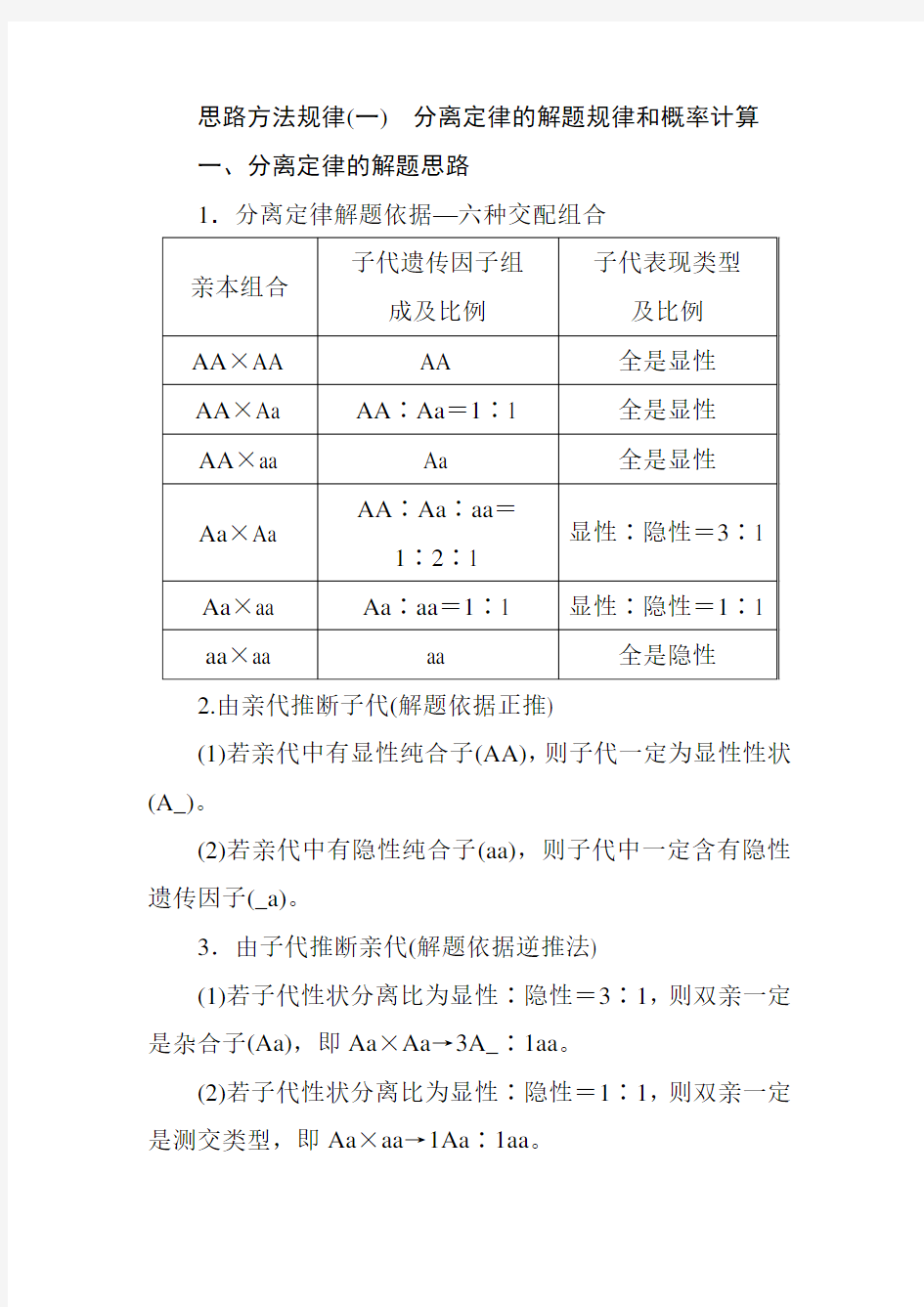 高中生物必修二思路方法规律(一) 分离定律的解题规律和概率计算+Word版含答案