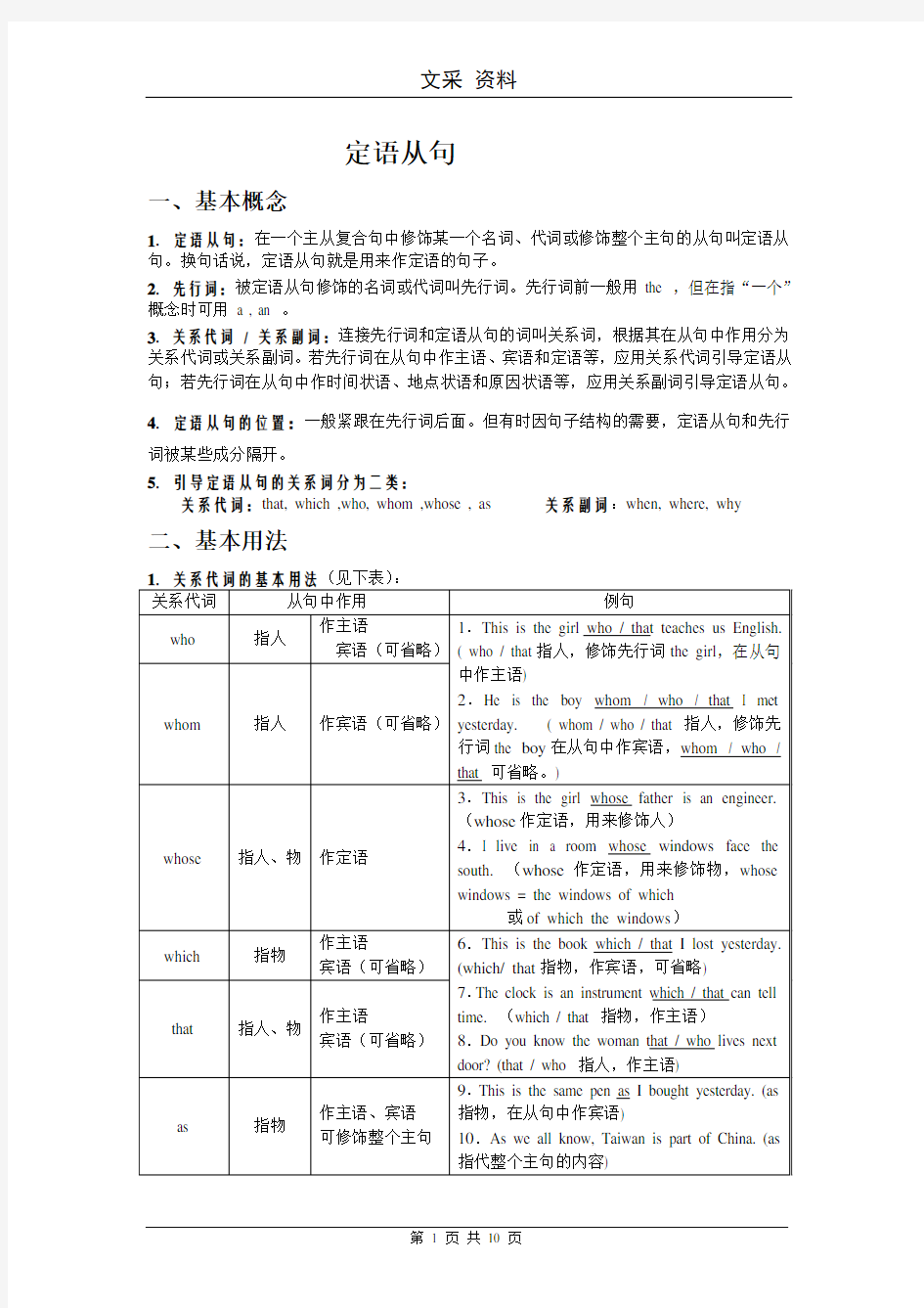 (完整版)高一英语(牛津译林版)定语从句