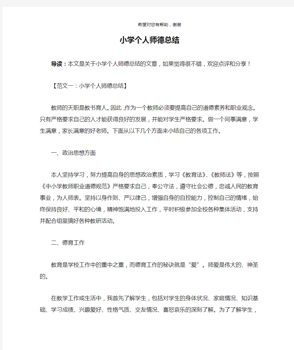 小学个人师德总结