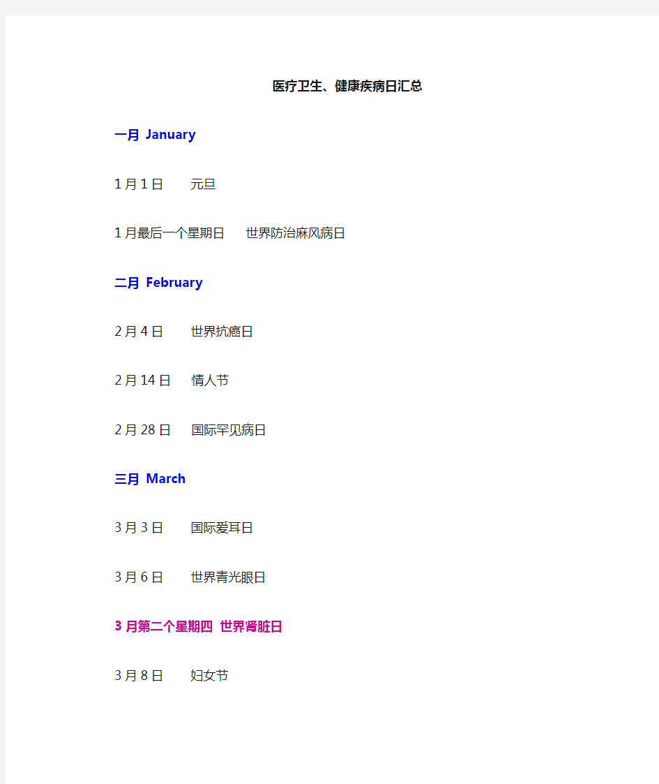 医疗卫生相关节日与名称汇总