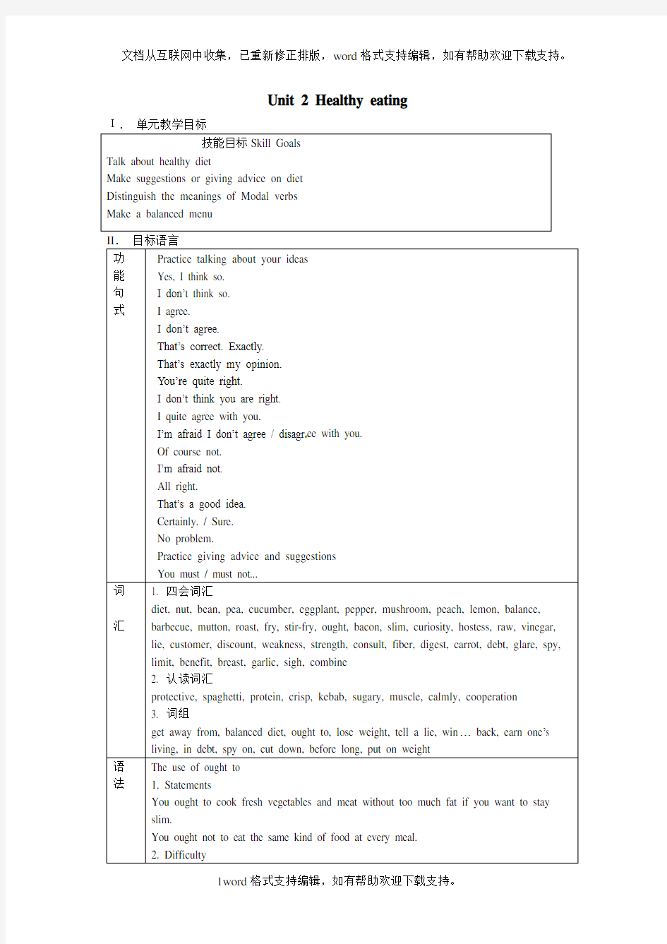 人教版高中英语必修三Unit2Healthyeatingword全单元教案