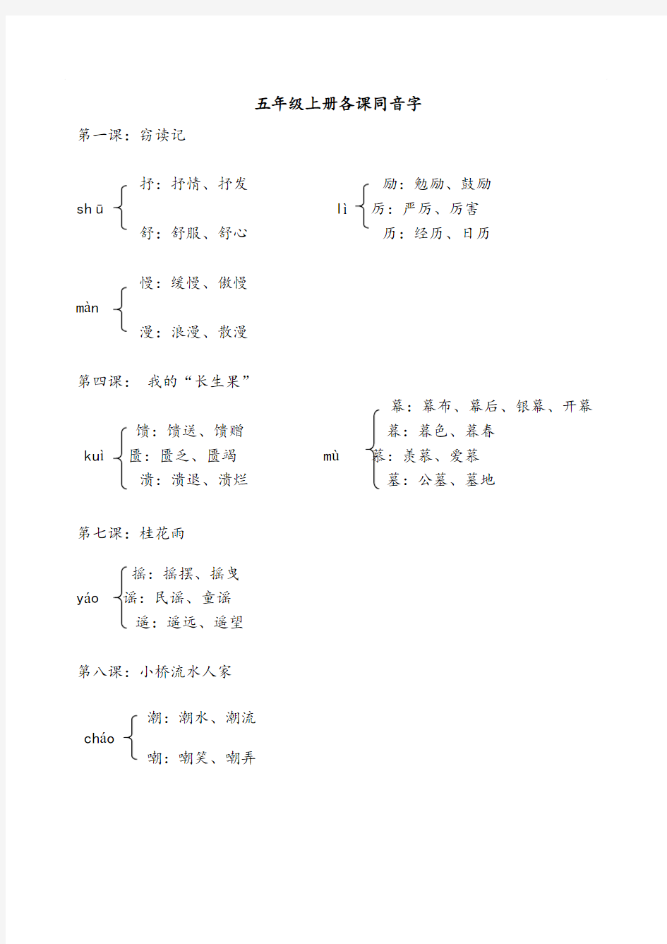 人教版五年级上册各课同音字汇总