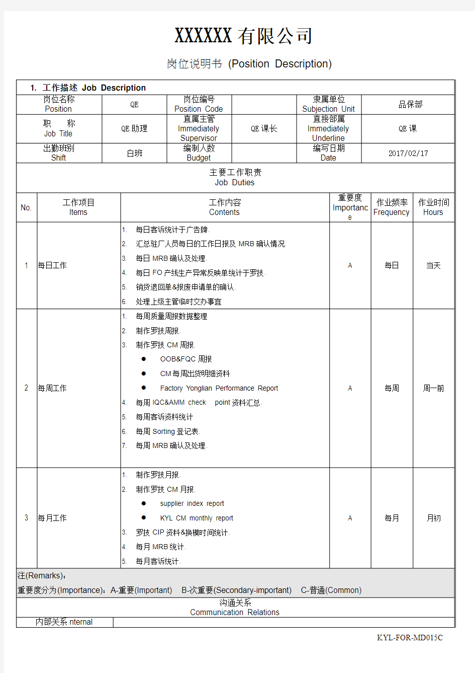 家电公司品管部QE助理岗位说明书