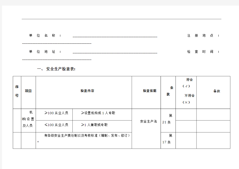 一般工贸企业安全检查表