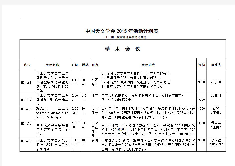 中国天文学会2015年活动计划表