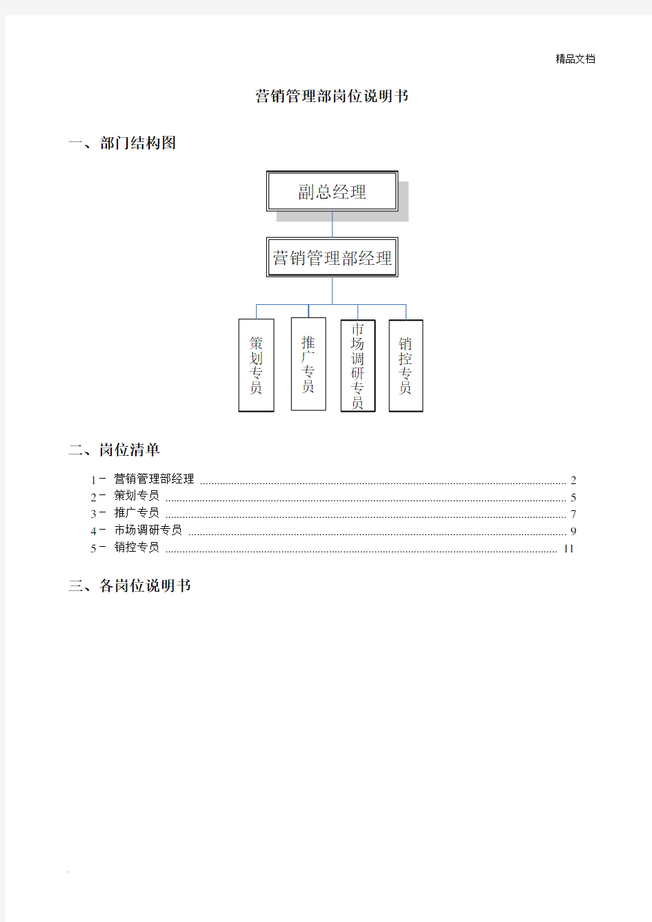 营销管理部岗位说明书