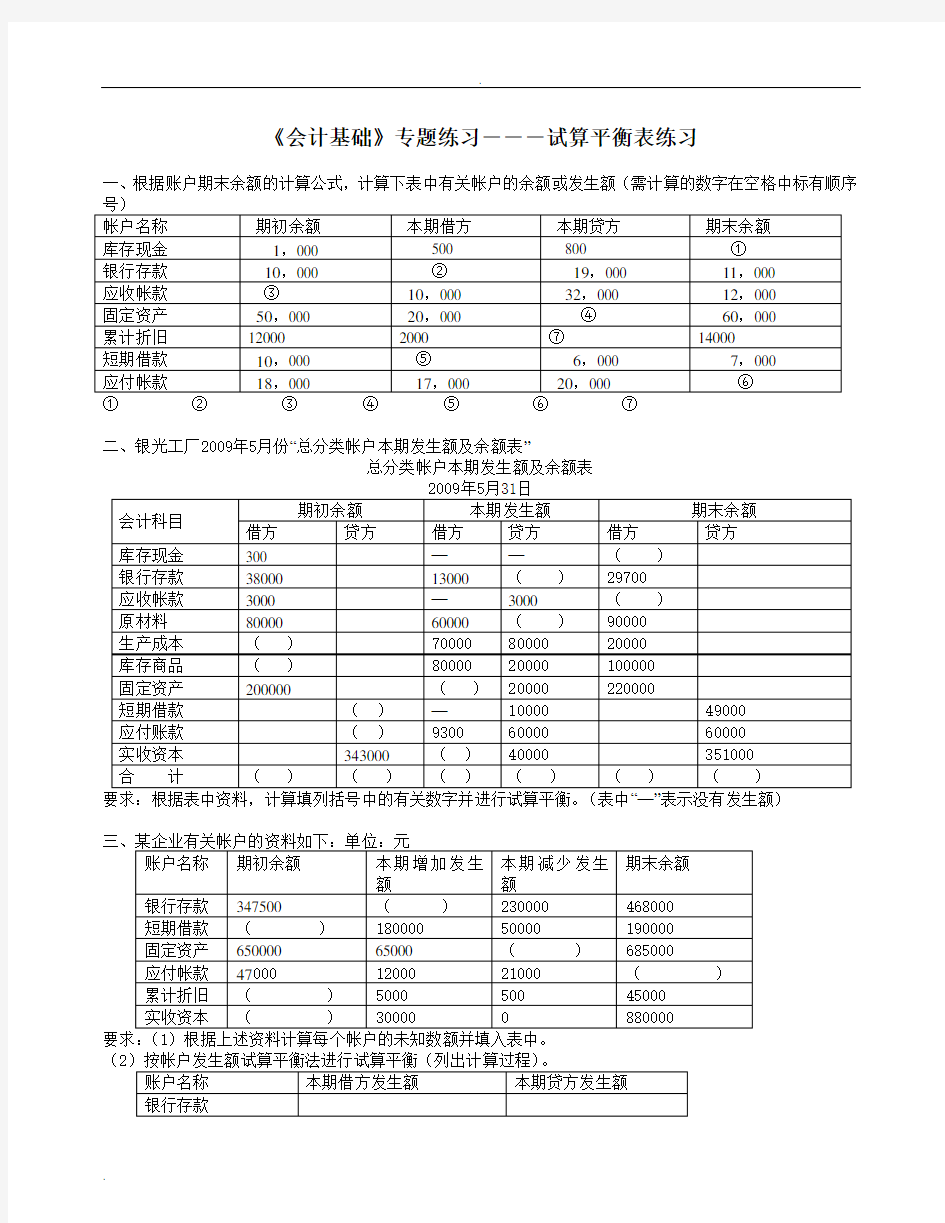 (完整版)试算平衡表练习及答案