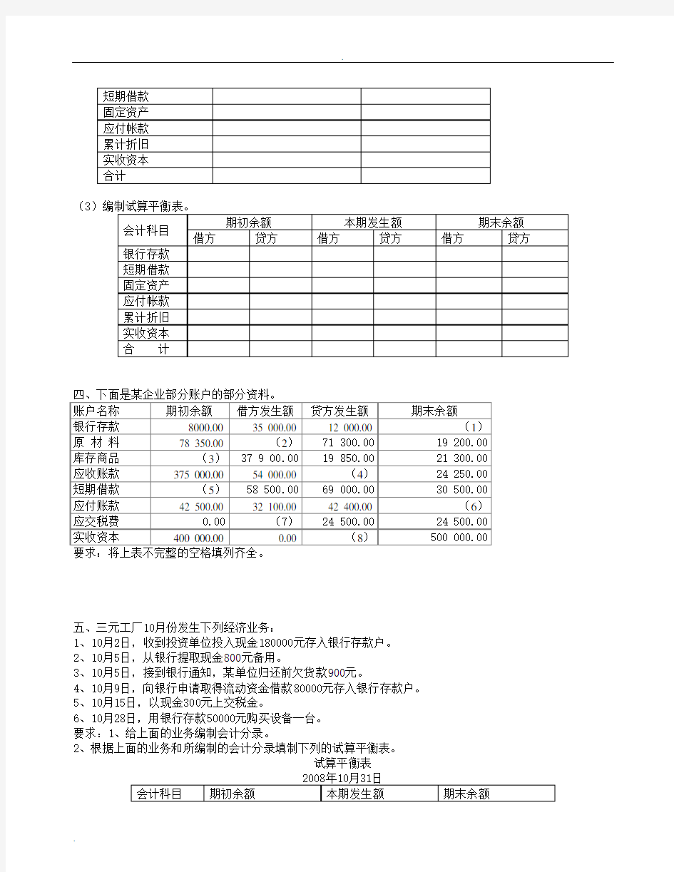 (完整版)试算平衡表练习及答案