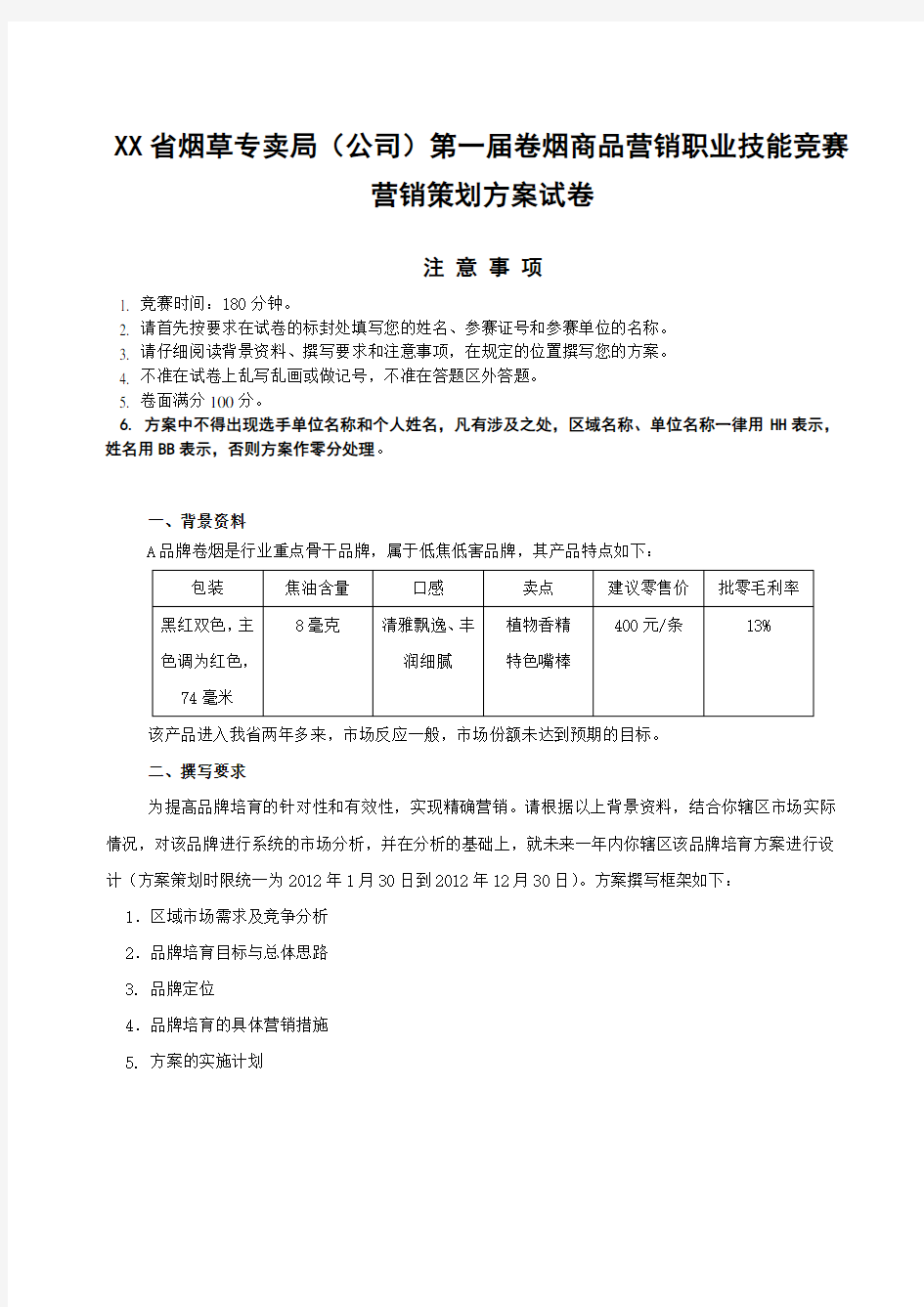 省卷烟商品营销技能竞赛营销策划试题