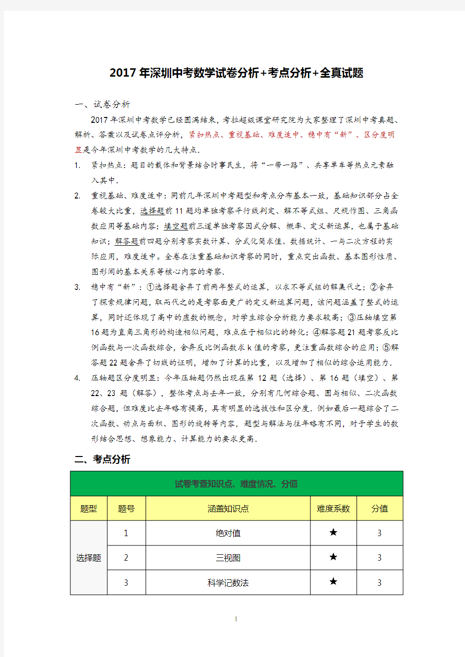 2017年深圳中考数学试卷分析