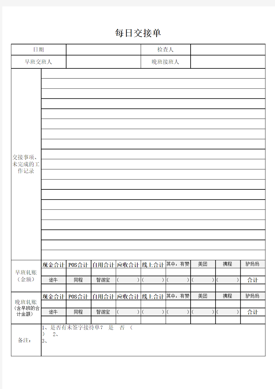 每日收银交接班表