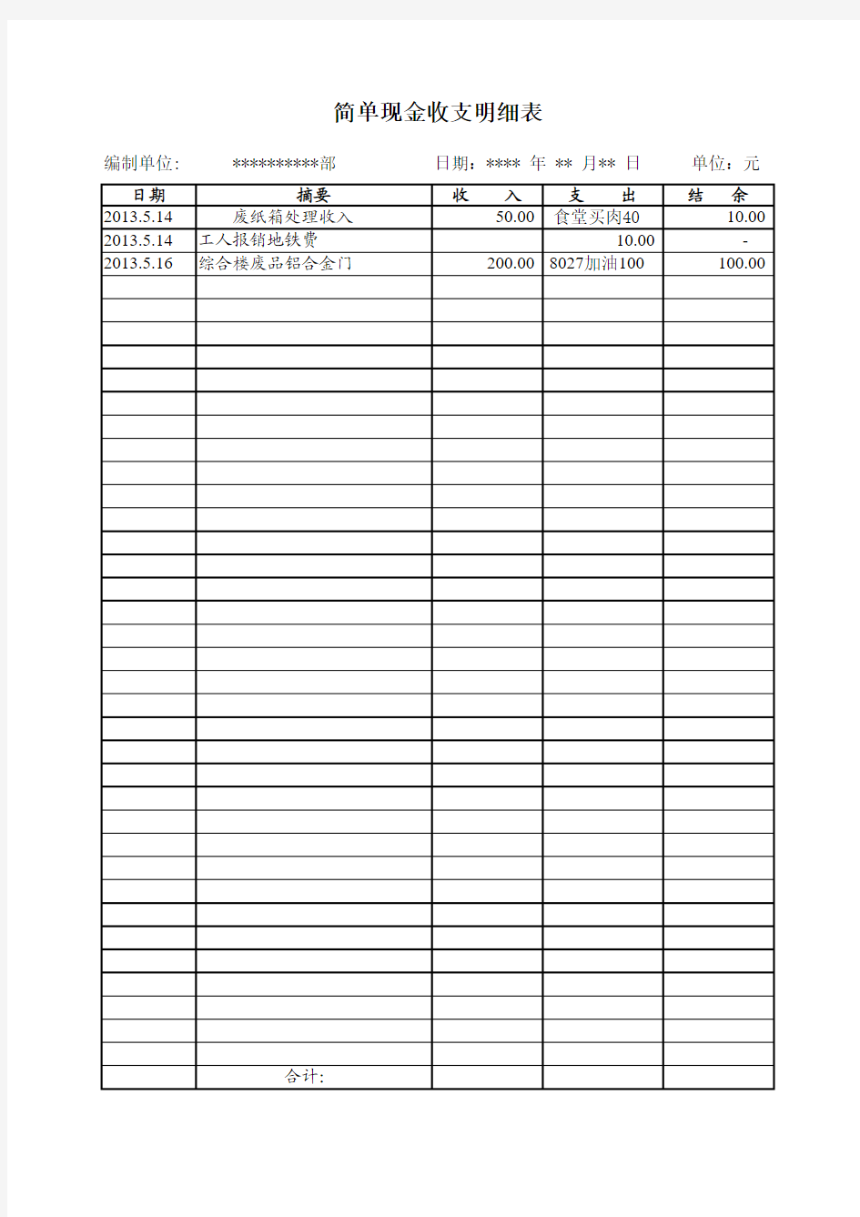 简单现金收支明细表