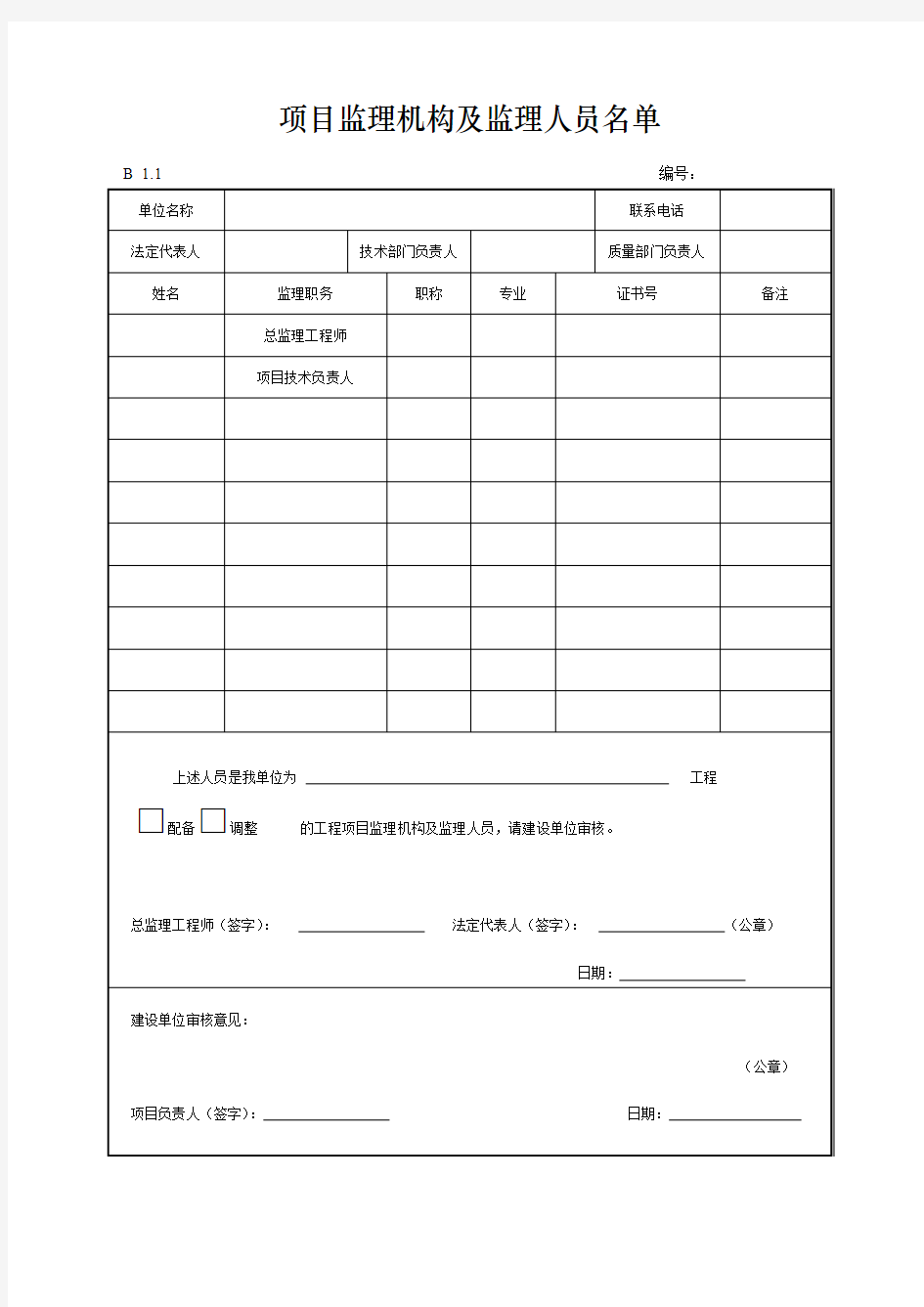 项目监理机构及监理人员名单