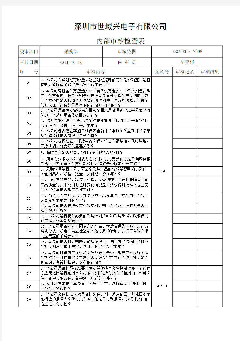 采购部-内部审核检查表