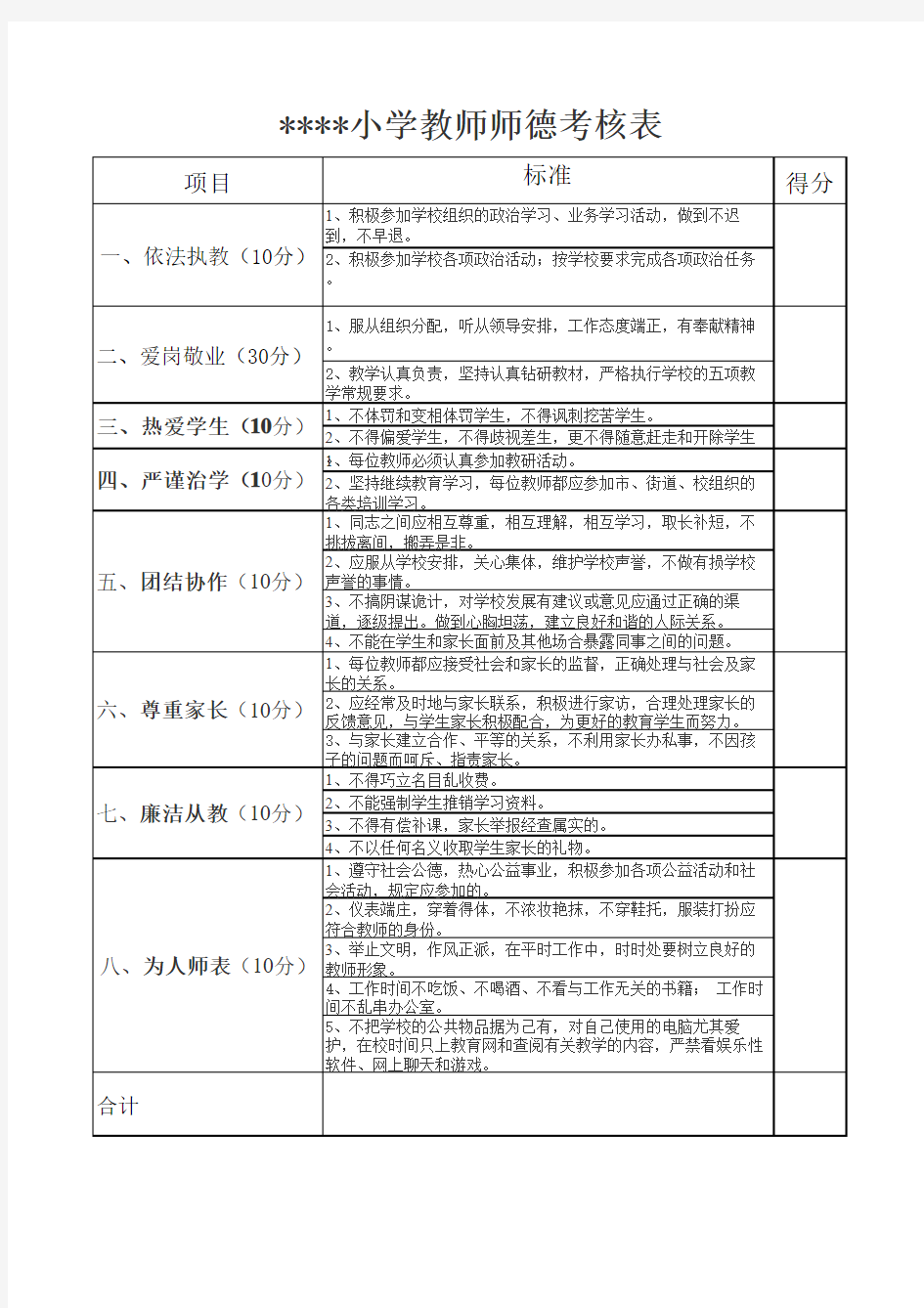 小学教师师德考核表