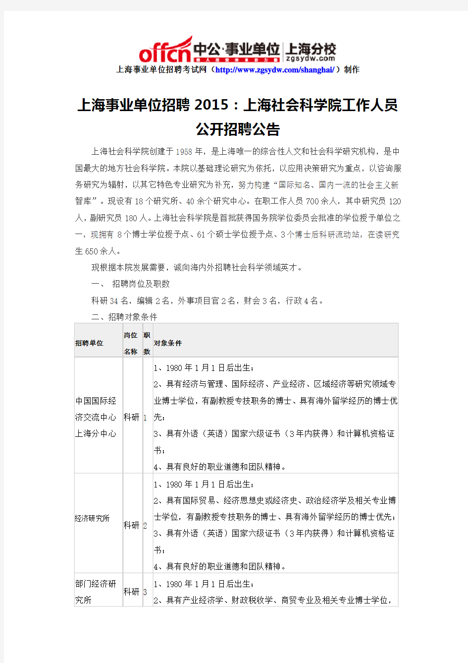 上海事业单位招聘2015：上海社会科学院工作人员公开招聘公告