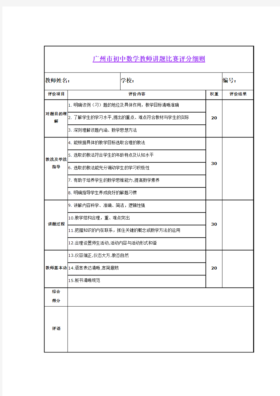 广州市初中数学教师讲题比赛评分细则