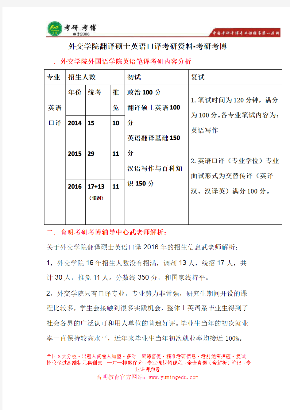 外交学院翻译硕士  就业情况