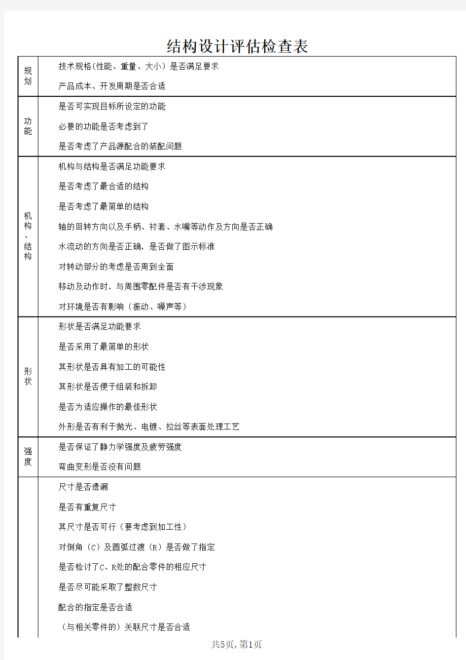 结构设计规范(结构设计评估检查表)