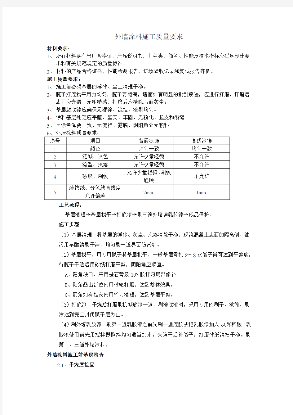 外墙涂料施工质量要求