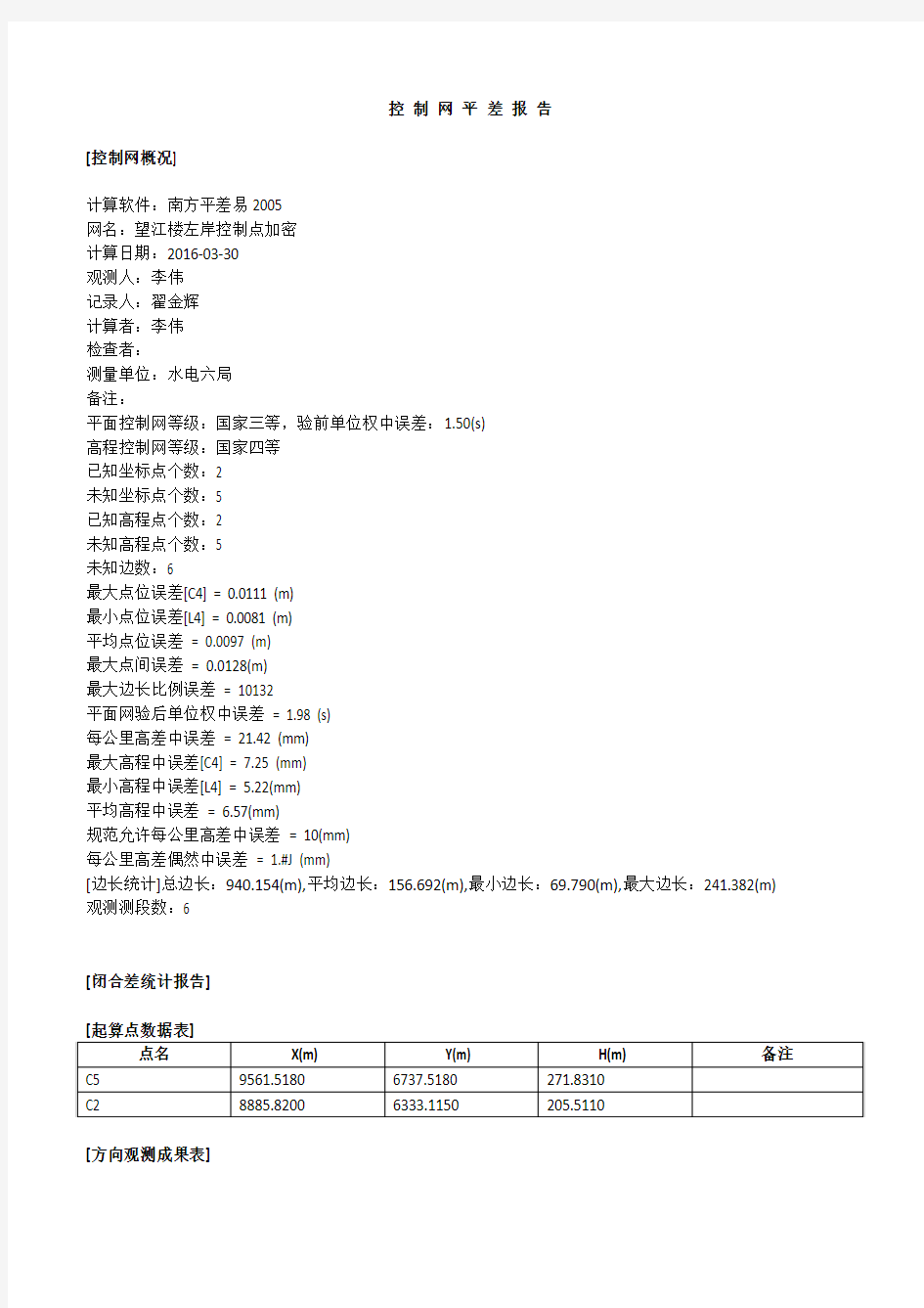 2016.03.30控 制 网 平 差 报 告