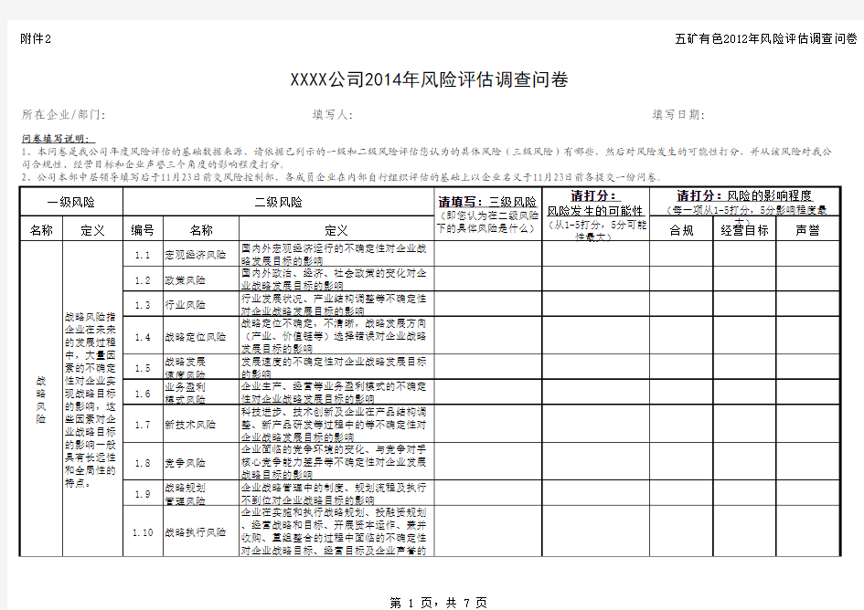 2014年风险评估调查问卷