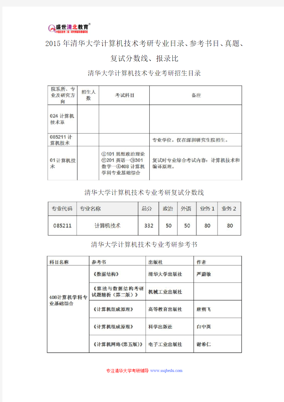 2015年清华大学计算机技术考研专业目录、参考书目、真题、复试分数线、报录比