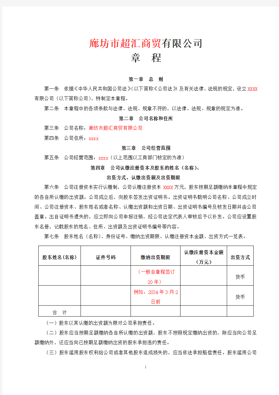 2015最新有限责任公司章程