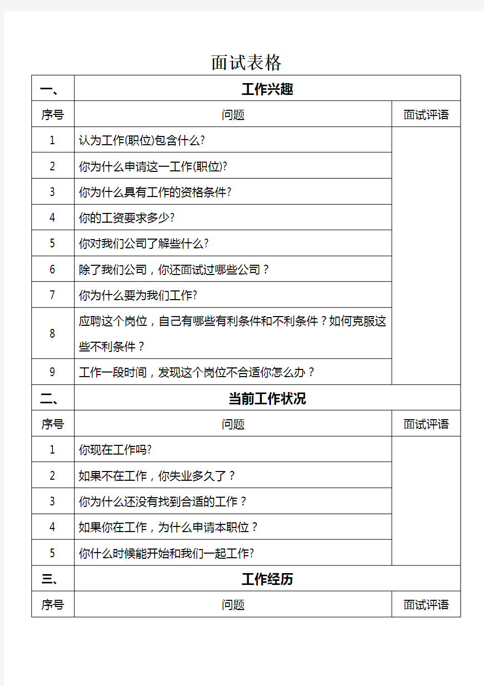 面试问题表格化