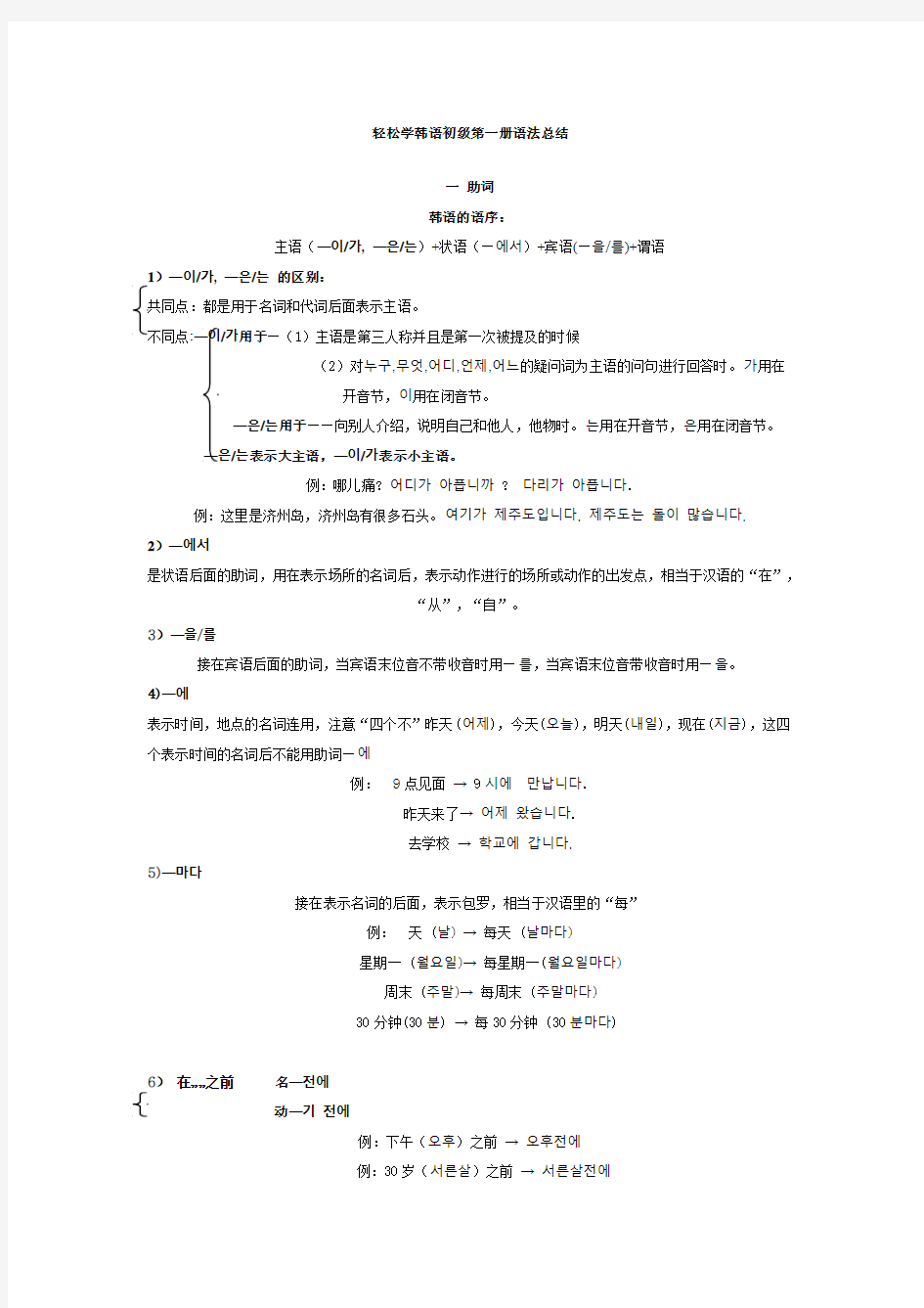 轻松学韩语初级第一册语法总结